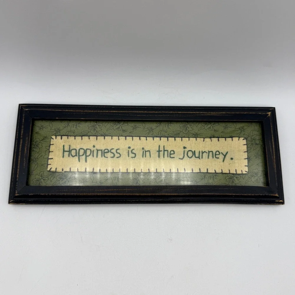 Hand Stitched Wall Art Green Happiness is in the Journey Framed Sign